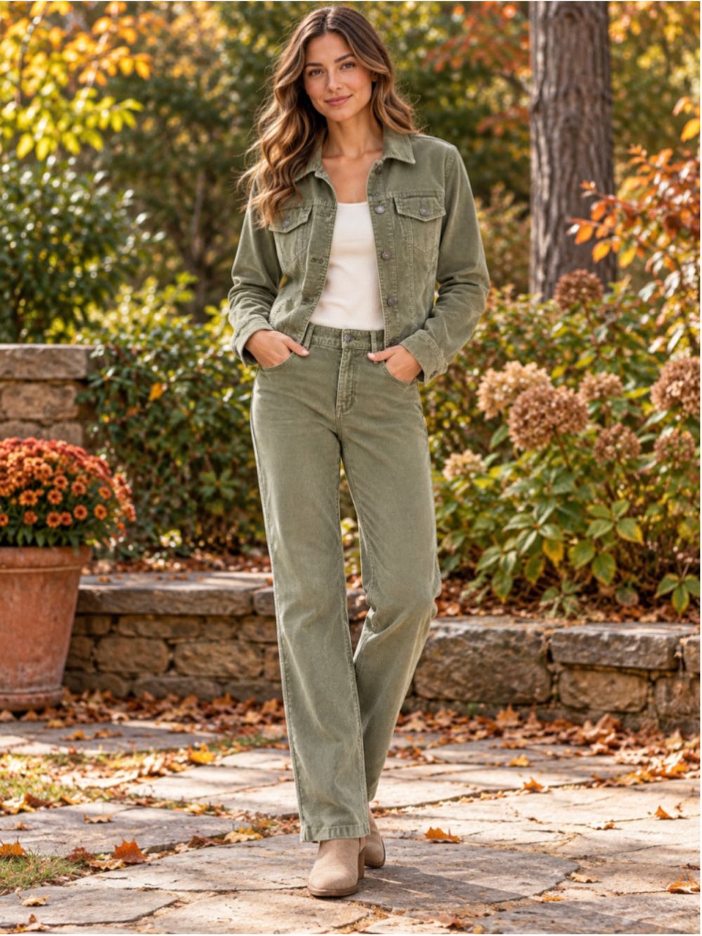 Women's Rafaella Corduroy Jacket and Pants Set, Green.